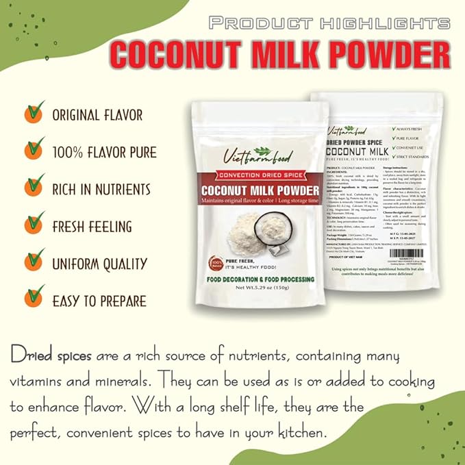 COCONUT MILK POWDER 5.29 Oz (150g) VIETFARMFOOD: Pure, natural freeze-dried spice made from real