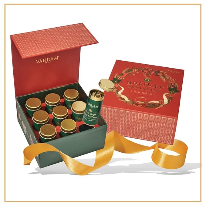 VAHDAM, Holiday Breakfast - Christmas Tea Gift Sets (90+ Cups) 9 Loose Leaf Tea - Luxury Gift Box |
