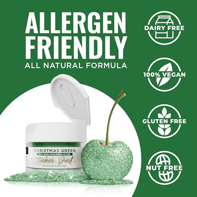 Bakell - Christmas Green Tinker Dust (5g, 1x Jar) Edible Glitter for Food, Desserts, and Beverages!