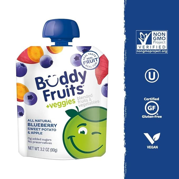 Buddy Fruits & Veggies Snacks To Go Blueberry Sweet Potato Unsweetened Applesauce 3.2oz (18pk)