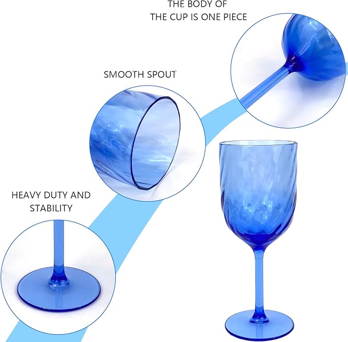 Yalin Set of 6 Unbreakable 15 oz Acrylic Plastic Wine and Water Tumbler Stackable Goblets. (Blue
