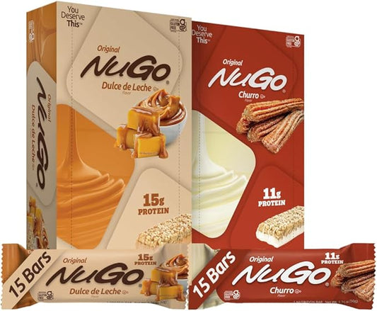 NuGo Protein Bar, NEW! Dulce De Leche 15 bars & Churro 15 bars, 11-15g Protein, Gluten Free, 30
