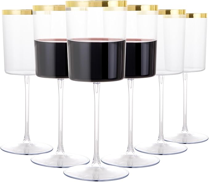 Ciaell 12 Pack Plastic Wine Glasses - 14 Oz Plastic Wine Glasses with Stem - Square Gold Disposable