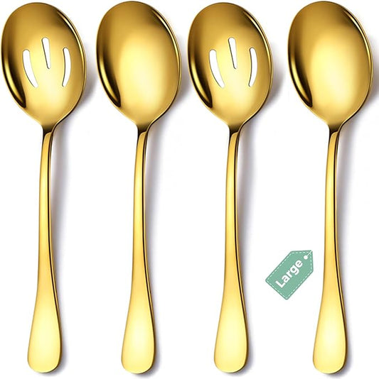 4 Piece Stainless Steel Serving Spoons Set, 10-Inch, Includes 2 Large, 2 Slotted, for