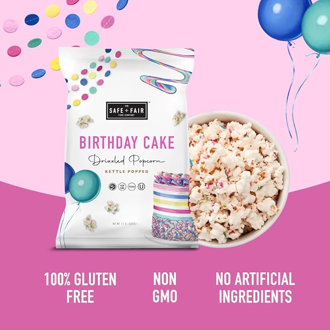 Safe + Fair Birthday Cake Drizzled Popcorn - Gluten-Free, Dairy Free and Vegan Snack - Free From