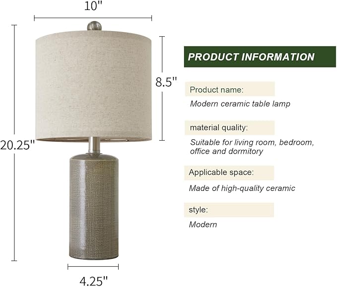 20.25/inch Modern Ceramic Table lamp Set of 2 Small Farmhouse Bedside lamp Dark Grey Nightstand