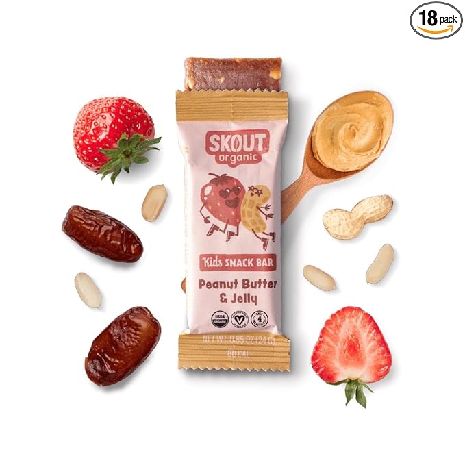 Skout Organic Peanut Butter & Jelly Real Food Bars for Kids (18 Pack) | Organic Snacks for Kids |