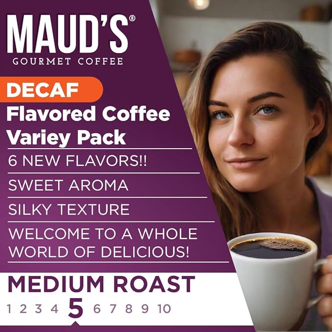 Maud's Flavored Decaf Coffee Pods Variety Pack, 24 ct, 6 Assorted Roasts & Flavors, Decaf Medium
