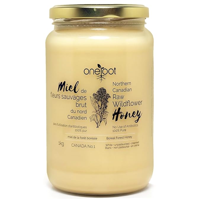 Oneroot 100% Canadian Flower Honey - 1kg / 2.2lbs, Honey Wildflower Unfiltered, Unheated & Creamed