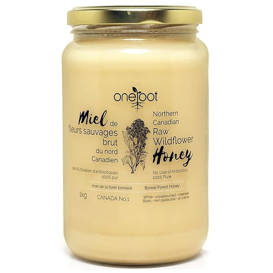Oneroot 100% Canadian Flower Honey - 1kg / 2.2lbs, Honey Wildflower Unfiltered, Unheated & Creamed