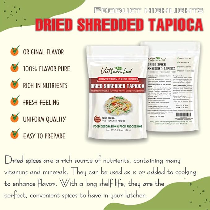 DRIED SHREDDED TAPIOCA 5.29 Oz (150g) VIETFARMFOOD: Natural pure, convection dried seasoning made