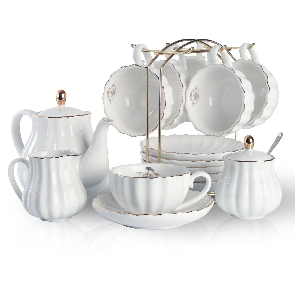 Porcelain Tea Sets British Royal Series, 8 OZ Cups& Saucer Service for 6, with Teapot Sugar Bowl