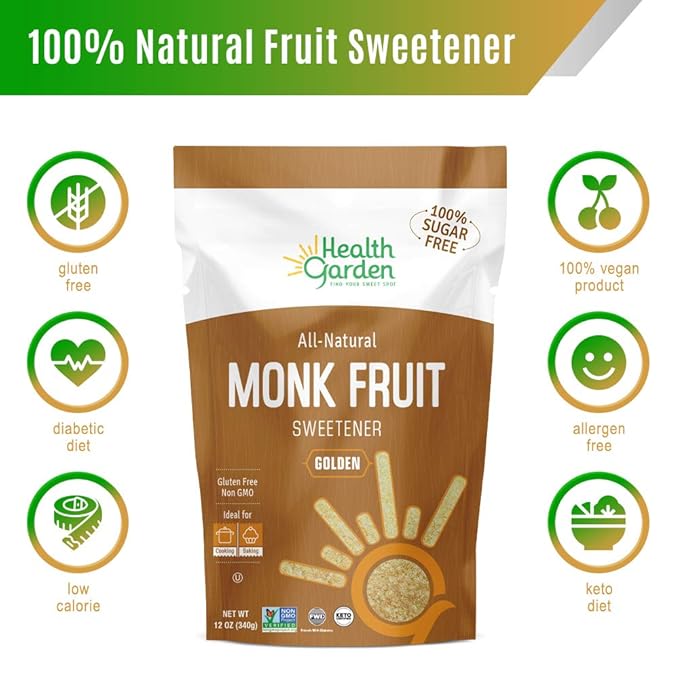 Health Garden Monk Fruit Sweetener, Golden - Non GMO - Gluten Free - 1:1 Sugar Substitute - Kosher