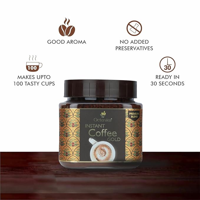 Octavius Gold Instant Coffee – Indian Medium-Dark Roast, 100% South India Beans | Smooth & Balanced