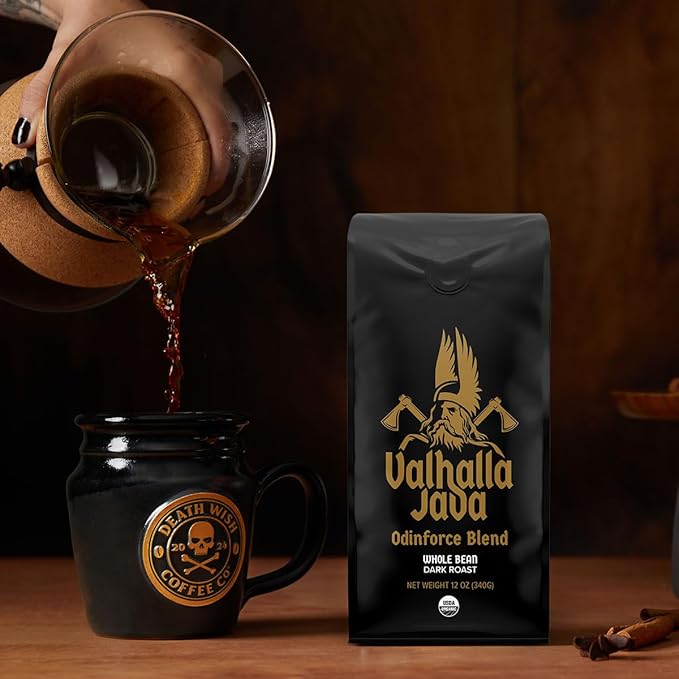 Death Wish Coffee, Valhalla Java Odinforce Blend - Whole Bean Dark Roast - Extra Kick of Caffeine