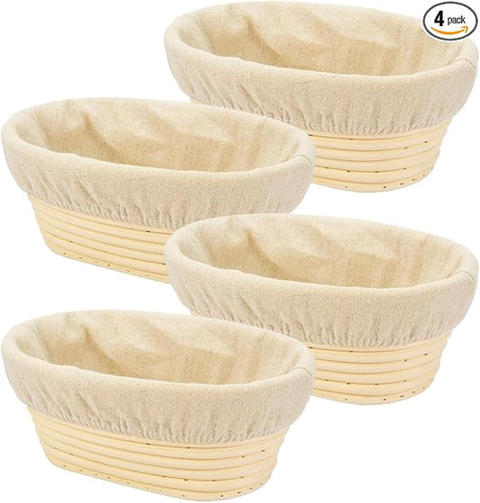 4PACK 8 inch Oval Bread Proofing Basket Banneton Bread Dough Proofing Rising Rattan Basket & Liner