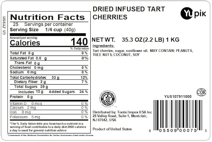 Yupik Dried Cherries, 2.2 lb, Gluten-Free, Kosher, Sweetened Dried Fruits, Tart & Sweet Whole