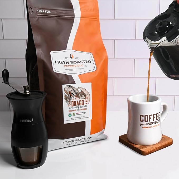 Fresh Roasted Coffee, Organic Drago Café Blend | USDA Organic, Kosher | Medium Roast 5 lb (80 oz)