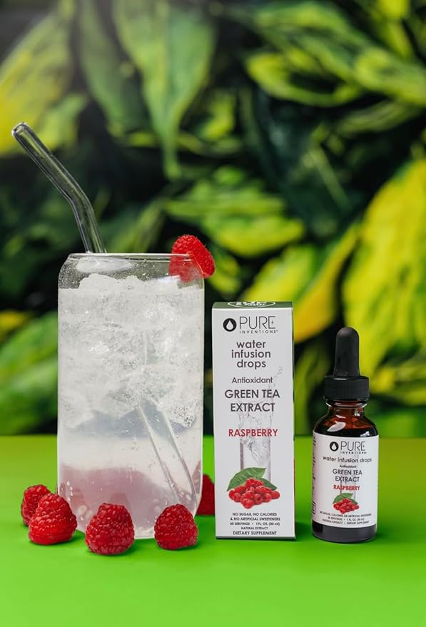 Pure Inventions - Green Tea Raspberry Water Infusion Drops - Antioxidants & Electrolytes - Health &