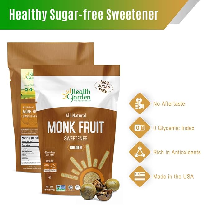 Health Garden Monk Fruit Sweetener, Golden - Non GMO - Gluten Free - 1:1 Sugar Substitute - Kosher