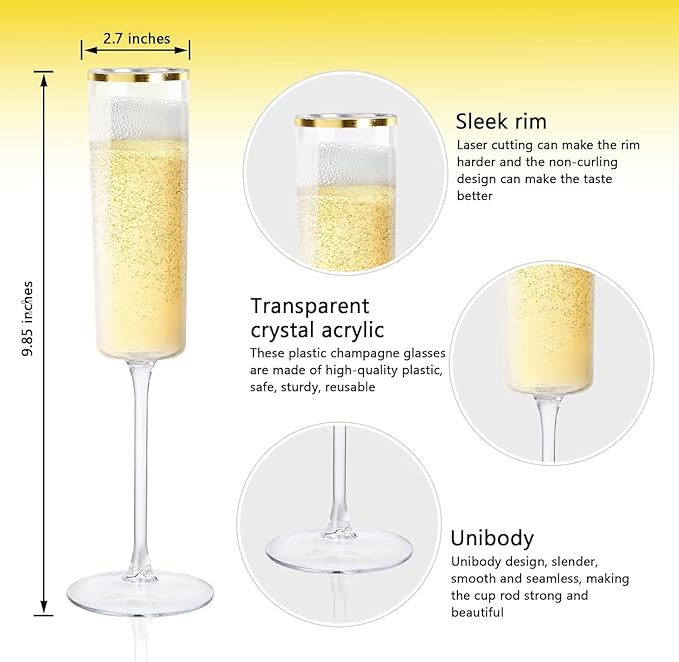 Ciaell 24 Pack Plastic Champagne Flutes - 6Oz Gold Rim Disposable Champagne Glasses - Square Clear