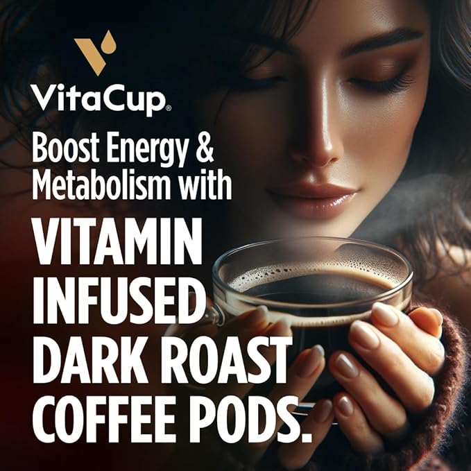 VitaCup Energy Dark Roast Coffee Pods, Boost Focus & Metabolism, Antioxidants, B Vitamins, Bold &