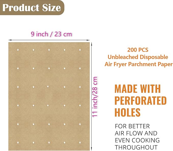WMKGG 200 PCS Unbleached Air Fryer Parchment Paper, 11 x 9 inch Perforated Rectangular Air Fryer
