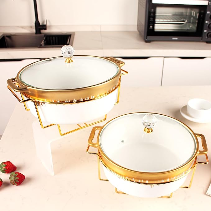 Ceramic Casserole Dish with rack and Glass Lid, 1.8 Qt Round Serving Soup Tureen with Handle