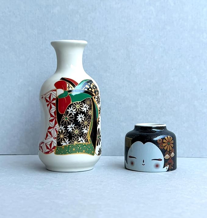 Japanese Traditional Kokeshi Design Sake Wine Soju Ceramic Set with 1 Ochoko Cup and 1 Tokkuri