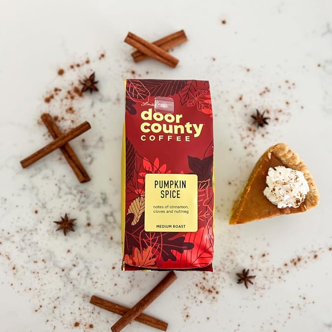 Door County Coffee Pumpkin Spice Flavored Decaf Coffee Ground - 8 oz Bag - Medium Roast - Cinnamon