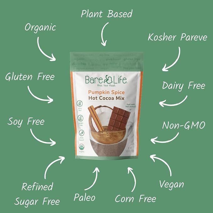 Bare Life: Instant Dairy Free Pumpkin Spice Hot Cocoa Mix - 10 Serving Pouch | Gluten Free, Vegan