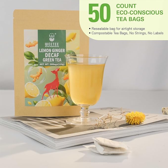 WT WEETEE Lemon Ginger Decaf Green Tea Bags 50 Counts, Made of Decaffeinated Green Tea, Ginger &