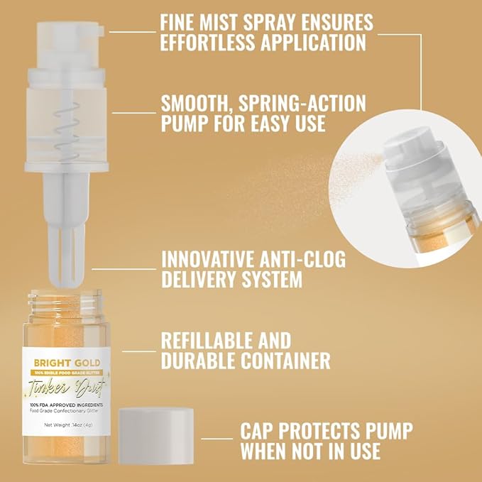 Bakell - Bright Gold Tinker Dust (4g, 1x Mini Spray Pump) Edible Glitter for Food, Desserts, and