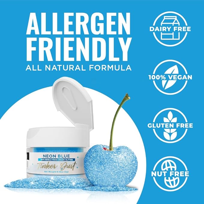 Bakell - Neon Blue Tinker Dust (5g, 1x Jar) Edible Glitter for Food, Desserts, and Beverages!