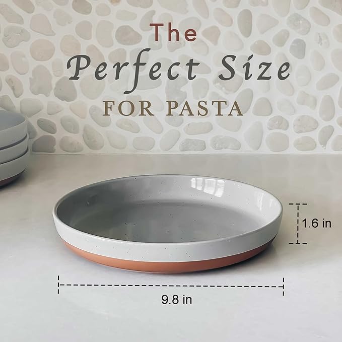 Mora Ceramic Flat Pasta Bowl Set of 4-35oz, Microwave Safe Plate with High Edge - Modern Porcelain