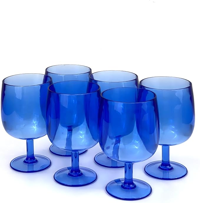 Yalin Set of 6 Unbreakable 12 oz Acrylic Plastic Wine and Water Tumbler Stackable Goblets. (Blue