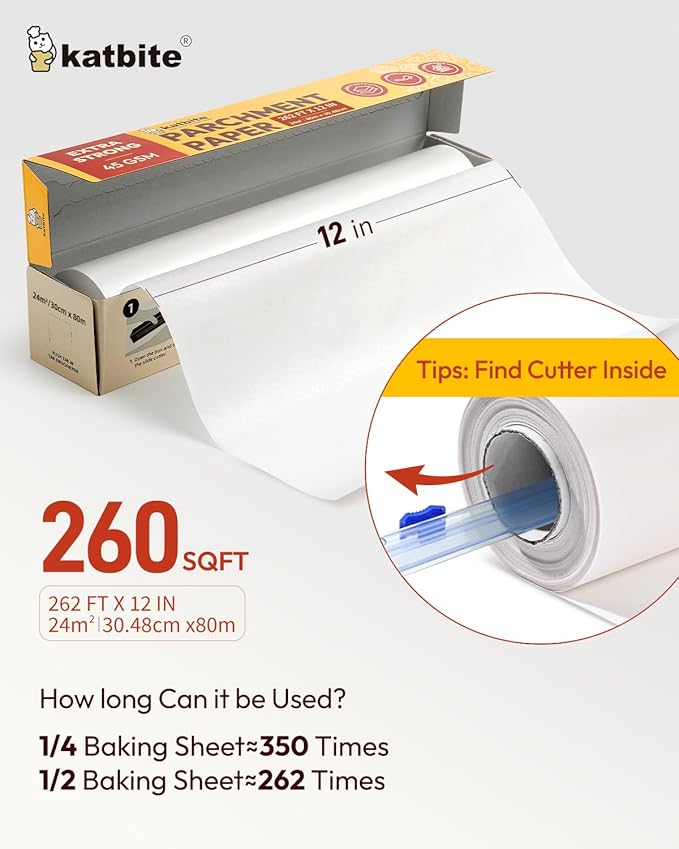 Katbite Heavy Duty Parchment Paper Roll for Baking, 12 in x 262 ft Non-Stick Baking Paper for