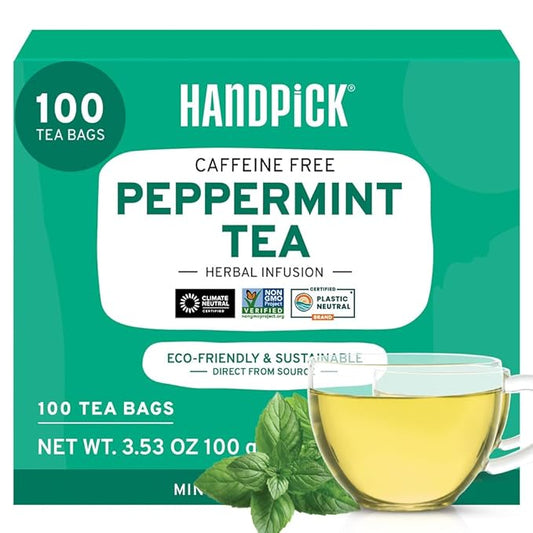 HANDPICK, Peppermint Tea, Eco-Conscious Tea Bags - 100 Count | Caffeine Free, Non-GMO | Minty