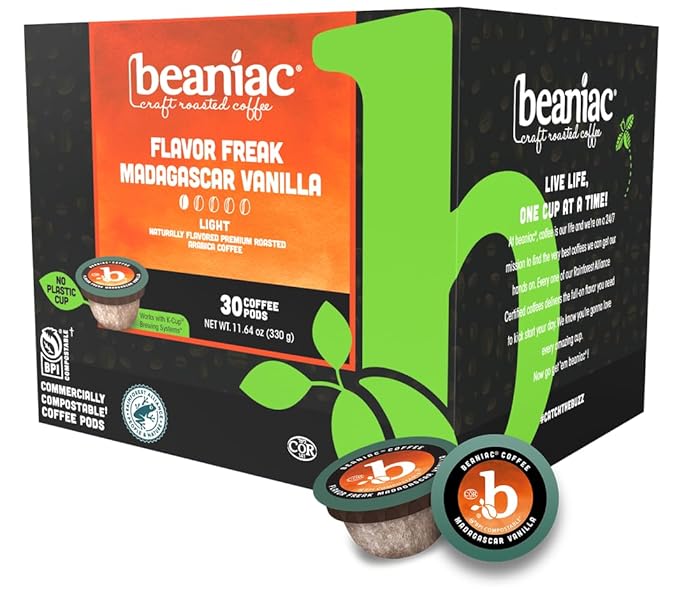 beaniac Flavor Freak Madagascar Vanilla, Flavored Light Roast, Single Serve Compostable K Cup