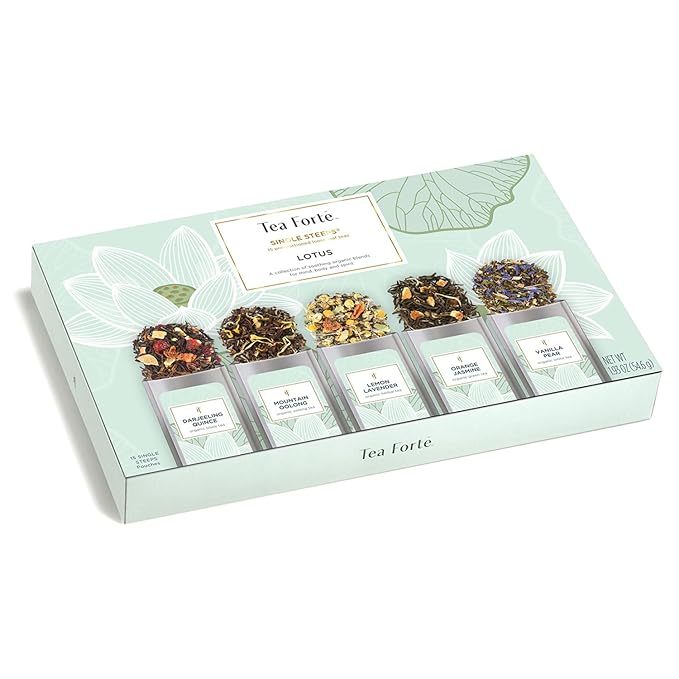 Tea Forte Lotus Single Steeps Loose Leaf Premium Tea Gift Set Sampler, 15 Count 3 of Each Assorted