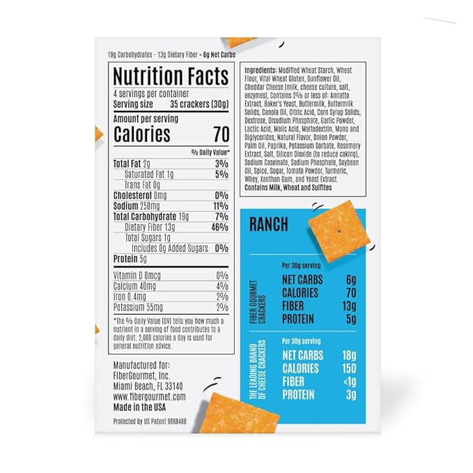 Fiber Gourmet Ranch Thinables Baked Cheese Crackers – Low Calorie, High Fiber Snack – 6g Net Carbs