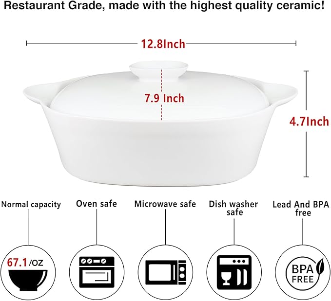 Casserole Dish with Lids, 2 Quart French White Ceramic Tureens, 12.8" x 7.9" Baking Dish, Serving