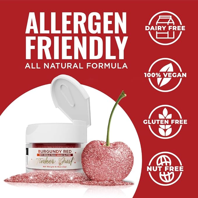 Bakell - Burgundy Red Tinker Dust (5g, 1x Jar) Edible Glitter for Food, Desserts, and Beverages!