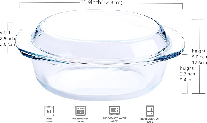 Oval Tempered Glass Casserole Dish, Tough Glass Casserole Baking Dish with Glass Cover. Oven
