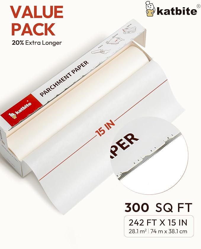 Katbite 2 Pack 15in x 242ft Parchment Paper Roll, 300 Sq. Ft Non-stick Baking Paper with Serrated