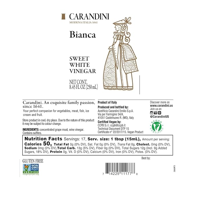 Carandini Bianca Sweet White Vinegar, Gluten-Free, Gourmet Italian White Condiment Made in Italy