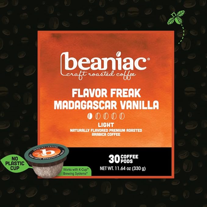 beaniac Flavor Freak Madagascar Vanilla, Flavored Light Roast, Single Serve Compostable K Cup