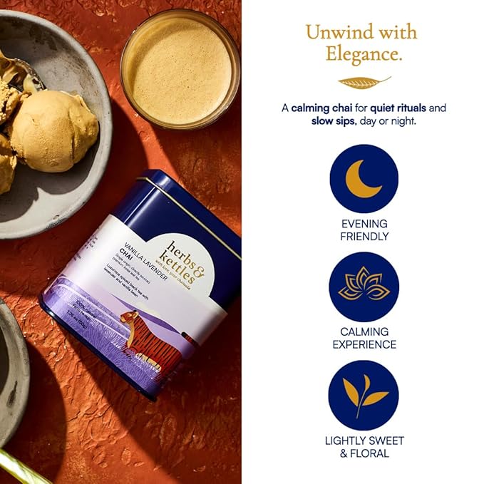 Herbs & Kettles Vanilla Lavender Chai | Assam Black Tea with Real Vanilla Bean, Lavender Flowers