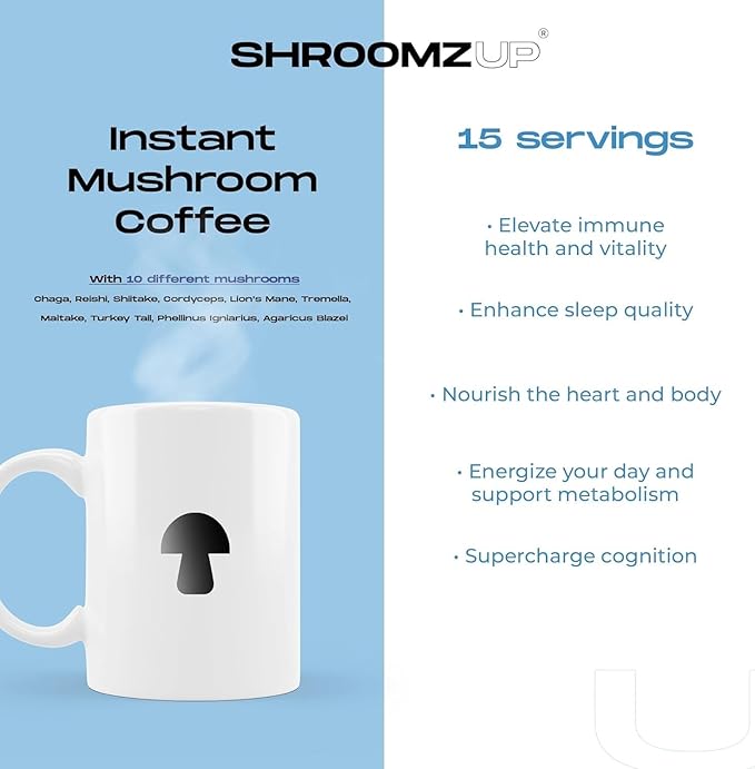 Mushroom Coffee Instant with 10 Mushrooms - 15 Single Packets with Reishi, Lion's Mane, Chaga