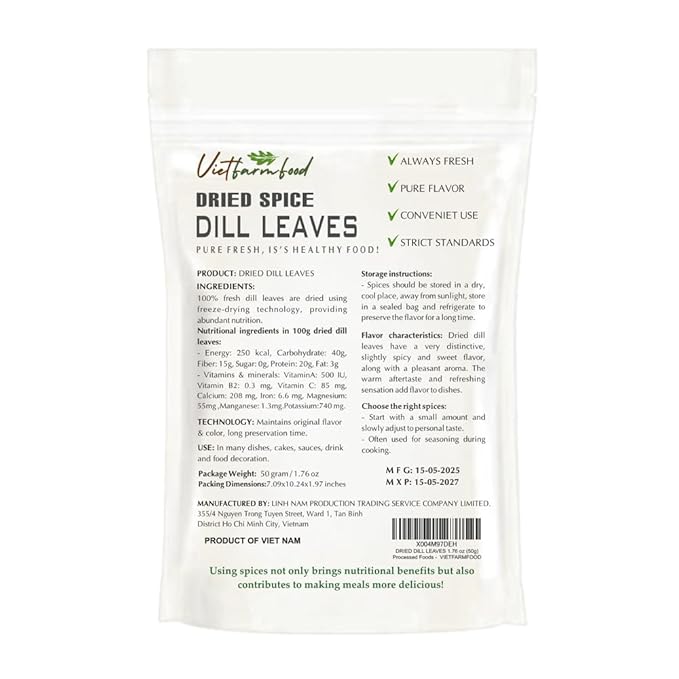 DRIED DILL LEAVES 1.76 Oz (50g) VIETFARMFOOD: Pure, natural freeze-dried spice made from real